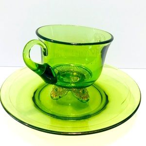 Antique Tarentum Victoria Green & Gold Hand Painted Coffee Cup & Saucer 22K Gild
